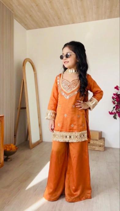 Kids Ethnic Wear Fendy Silk Orange Surat kids wear manufacturers